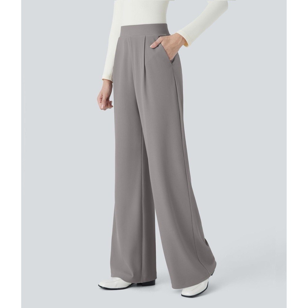 Halara Women Tan Grey Wide Leg Trousers High Waisted Size Large Petite